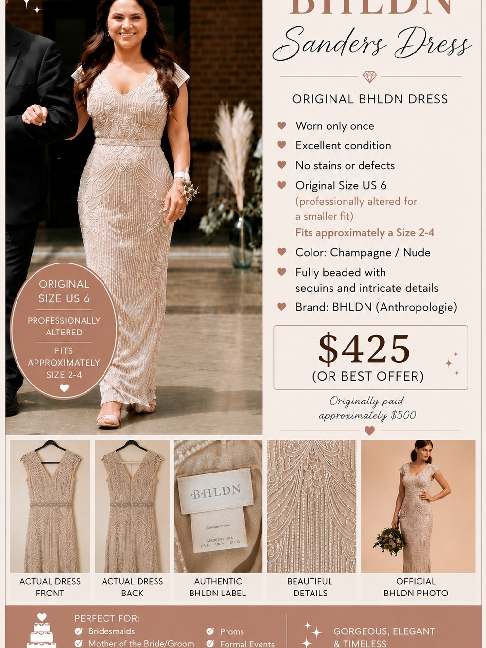 BHLDN Beaded Champagne/Nude Maxi Dress